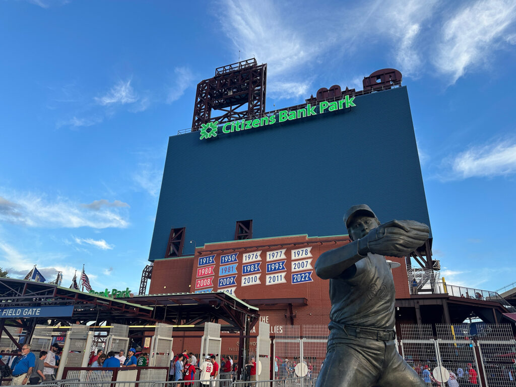 Entrance to Citizens Bank Park in Philadelphia with statue of Steve Carlton in front of the entry gate