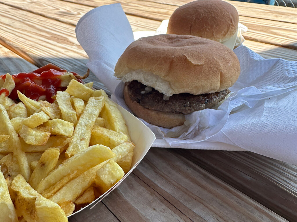 picnic table with a hamburger and fries 