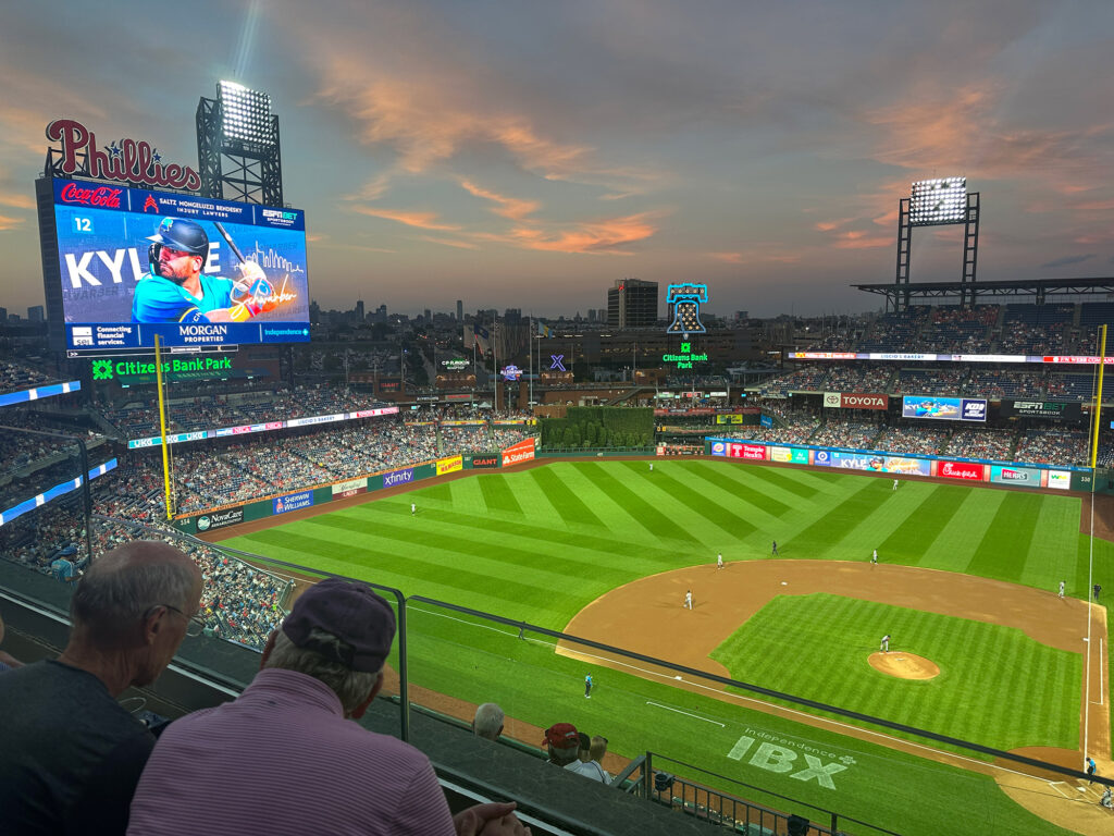 looking out from an upper deck seating area at the playing field at Citizens Bank Park in Philadelphia