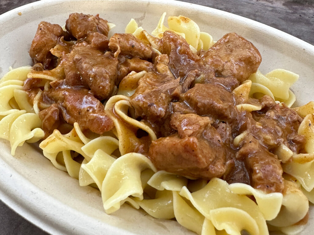 noodles topped with beef in sauce from the Reading Liederkranz Oktoberfest