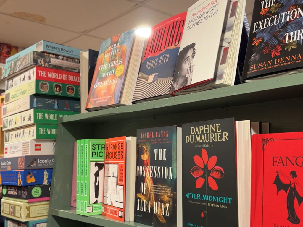 Various hardcorver and paperback books are arranged on two shelves next to a pile of puzzles at Sellers Bookstore in Jim Thorpe.