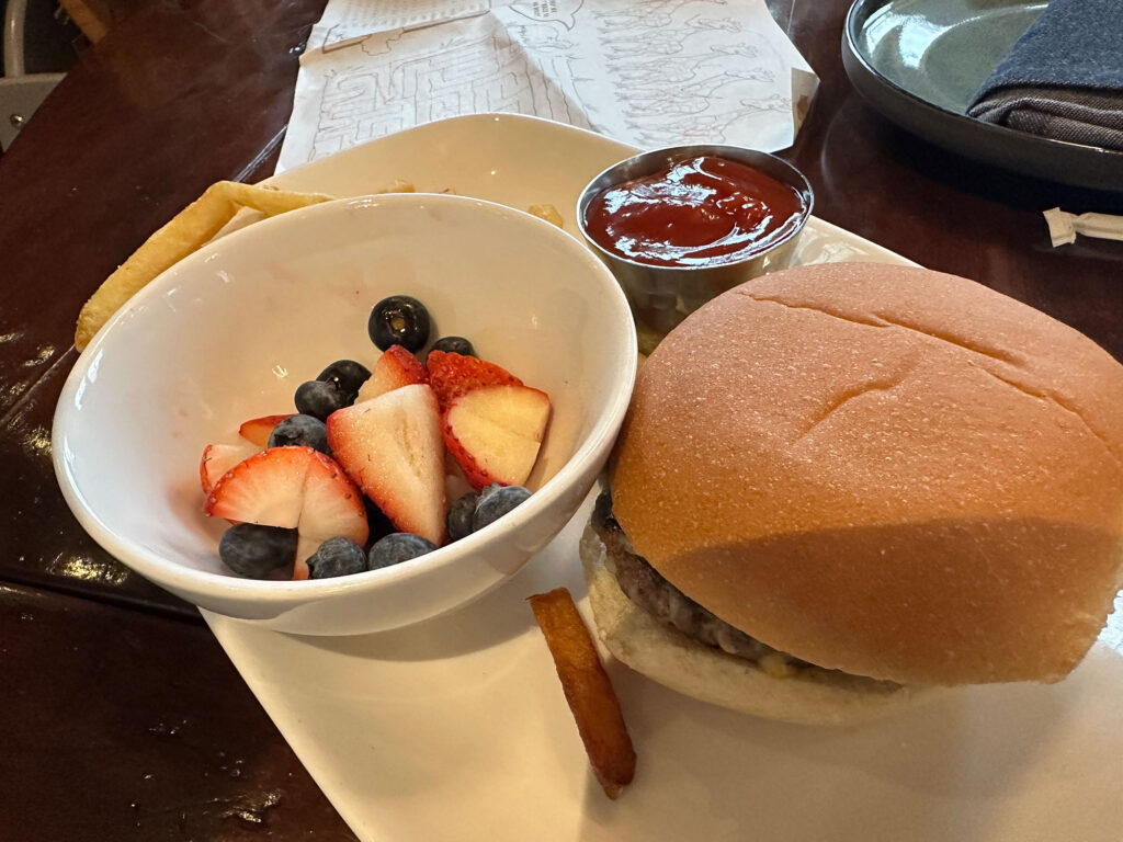 white rectangular plate with a cheesebruger and a cup of fruit