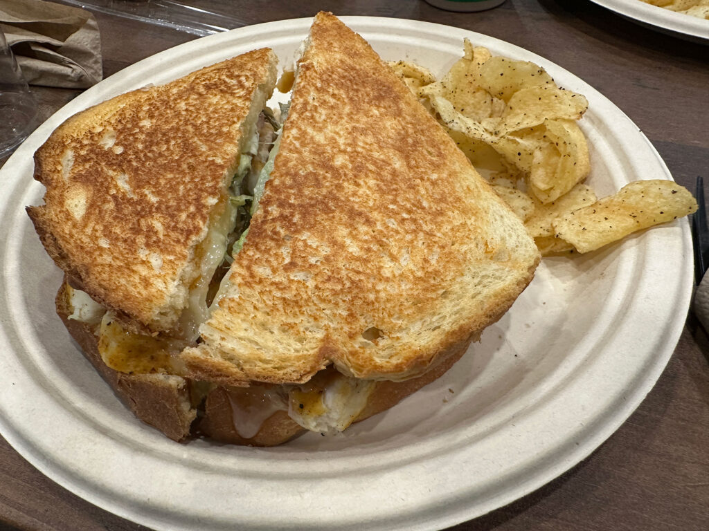 round white disposable plate with a chicken panini and potato chips