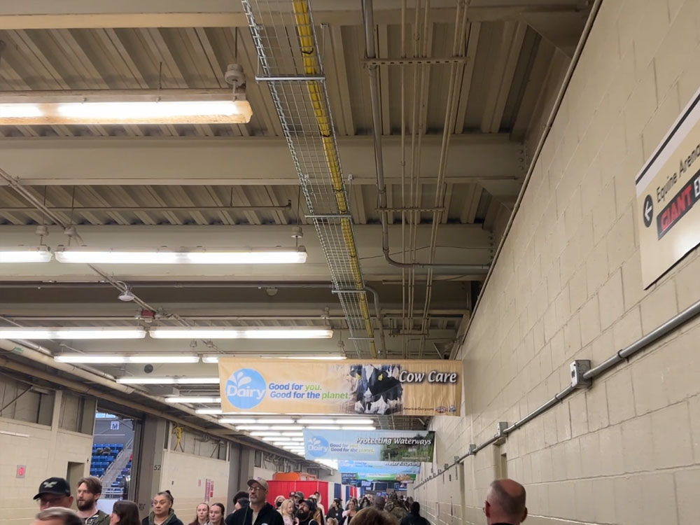 large crowd of people walking through a hallway lined iwht off-white walls