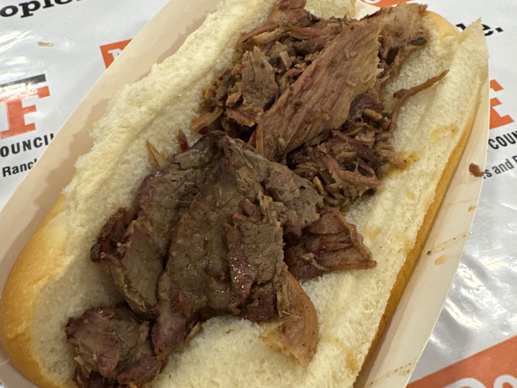 hoagie roll topped with sliced beef from the PA Farm Show