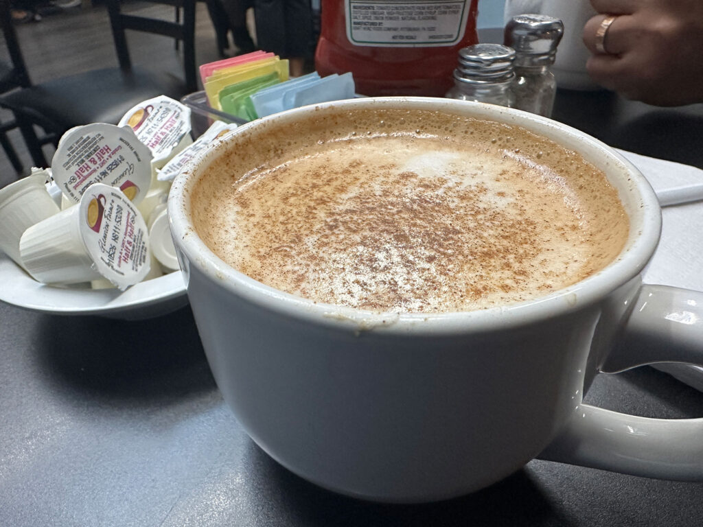 large mug filled with chai topped with cinnamon and foam
