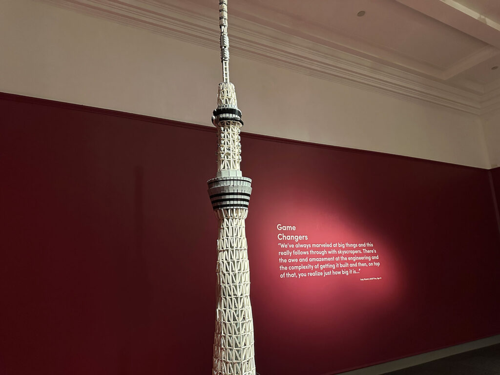 thin gray LEGO version of the CN Tower on display at the Reading Public Museum