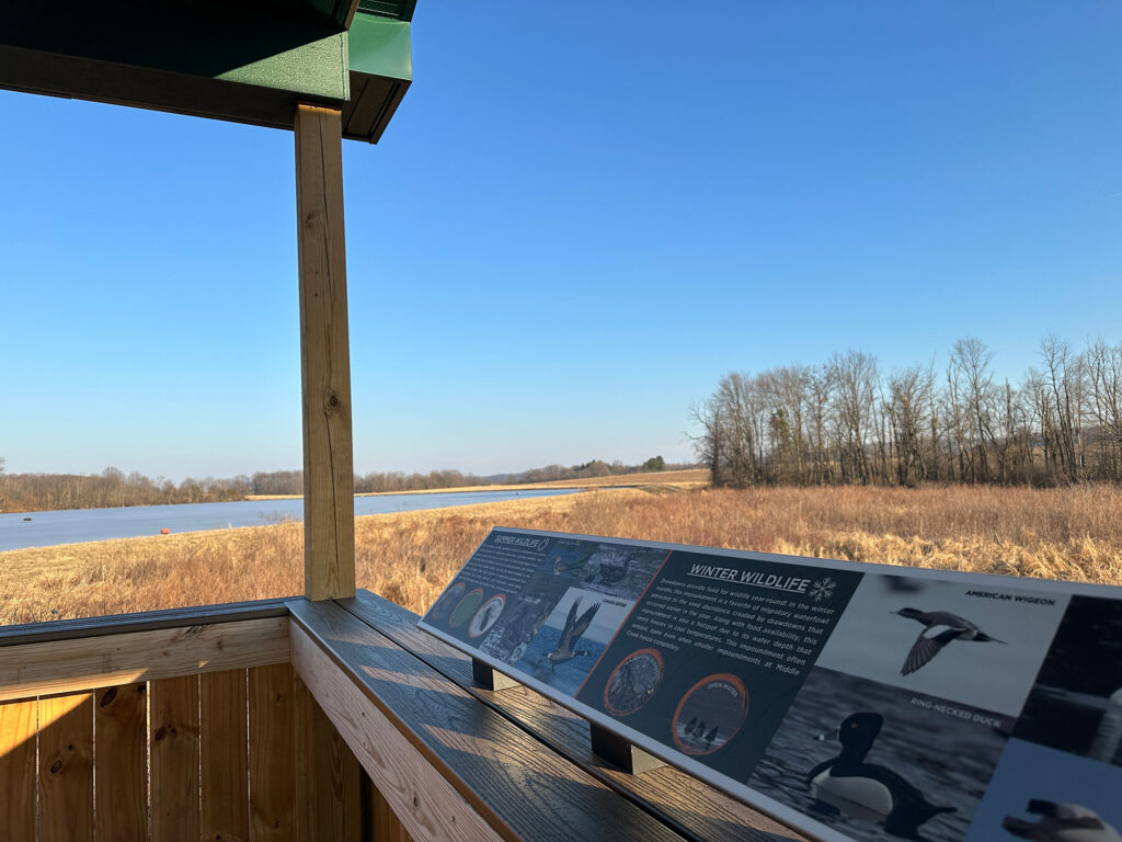 Informational sign about waterfowl management at the observation deck at Middle Creek Wildlife Management Area