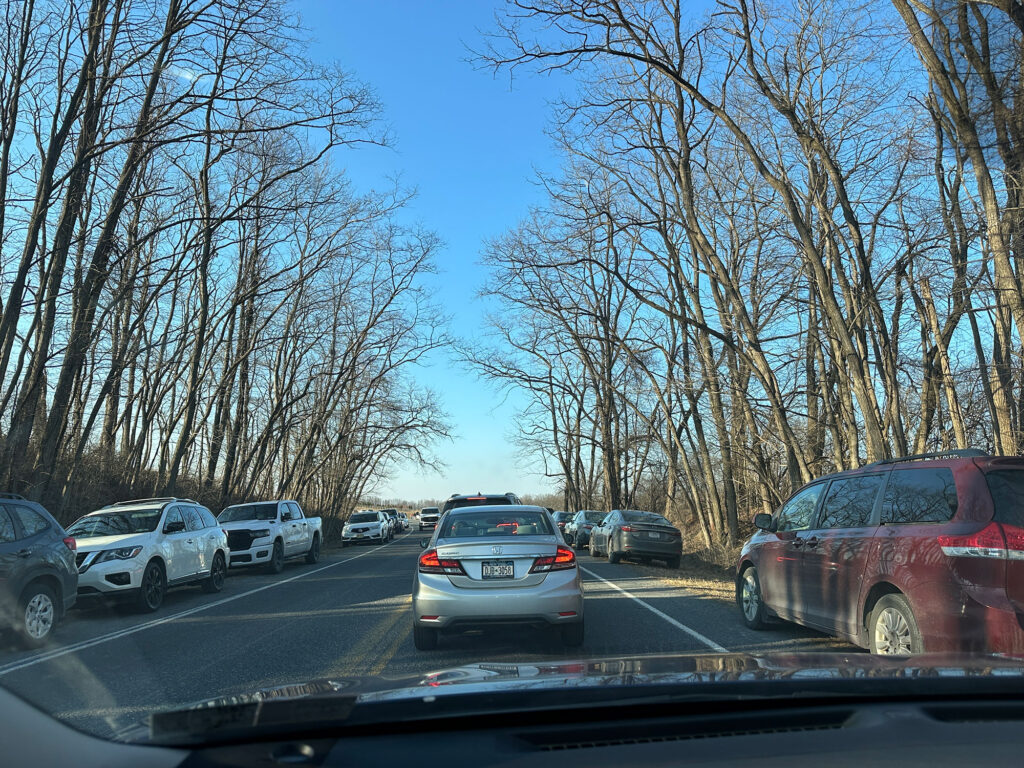two-lane road leading into Middle Creek Wildlife Management Area lined with cars on either side.
